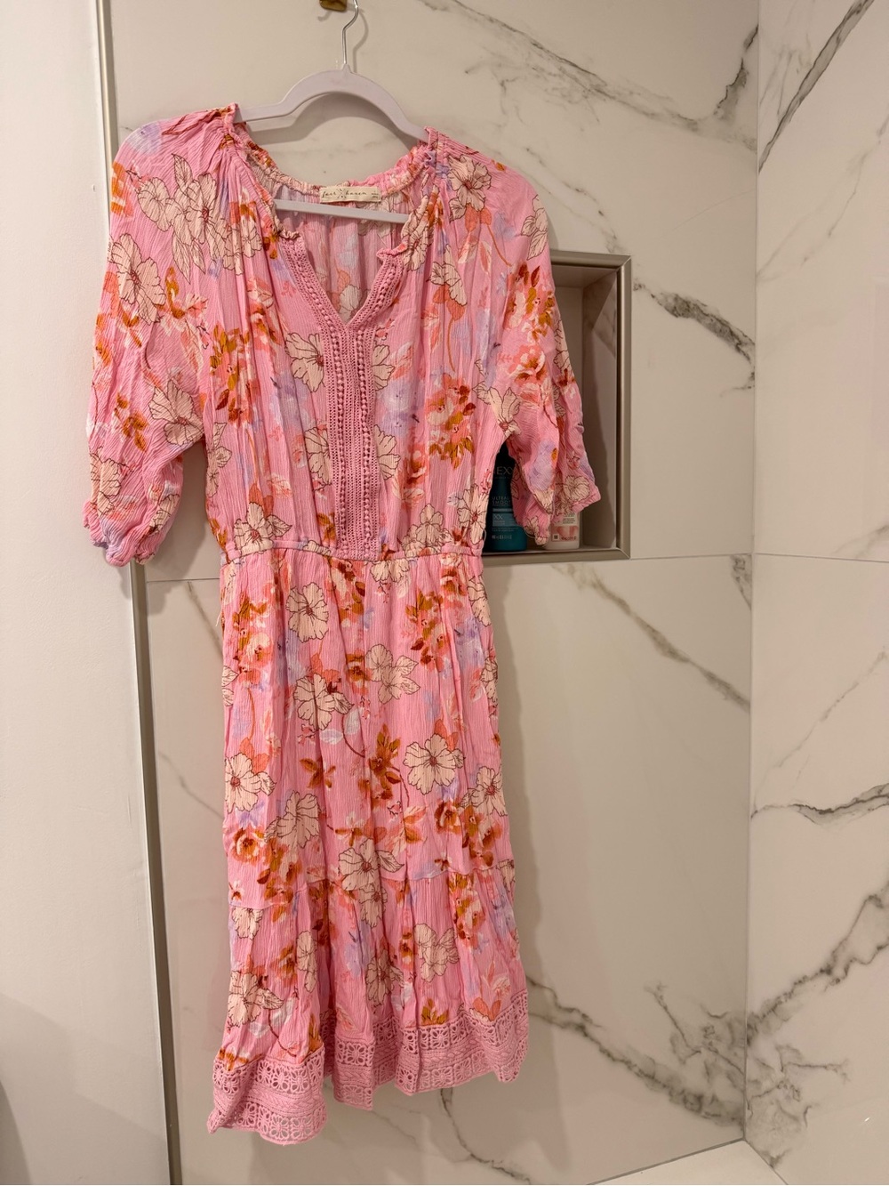 Pink Floral Midi Dress with Crochet Trim